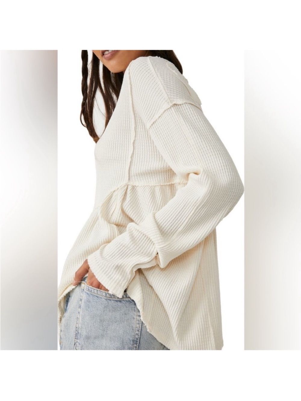 We The Free Oh My Babydoll Thermal Waffle Knit Peplum Hem Shirt Boho Casual - Picture 2 of 12